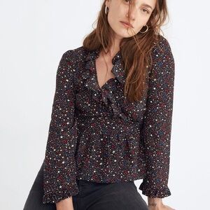 Madewell Silk Ruffle-Hem Wrap Top in Starry Night
